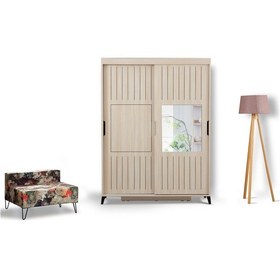 Resim Pasifichome Huga Sürgülü Gardırop Meşe 130Cm / 2 Kapaklı Çekmeceli Dolap 