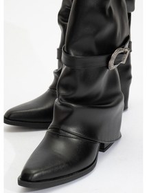 Resim Luvi Shoes Okus Siyah Cilt Kadın Tokalı Kalın Topuklu Kısa Çizme Siyah Mat 