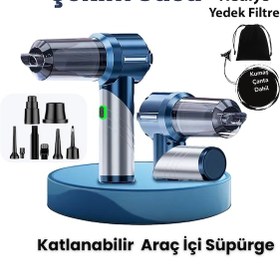 Resim Yeni 16000pa Güçlü Portatif Vakumlu Ve Üflemeli Katlanabilir Araç Içi Süpürge Pro Hl-133 Mavi 