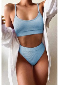 Resim Angelsin Yüksek Bel Fitilli Kumaş Tankini Bikini Üstü Mavi 