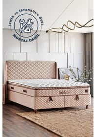 Resim Baklava Lüks Yatak Seti Çift Kişilik Ultra Ortopedik Sert Yatak Özel Kumaş Krem Baza Ve Başlık Takım 160 x 200 