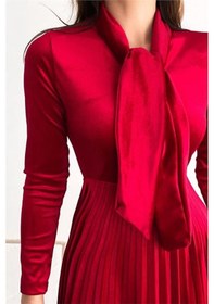 Resim Neşeli Butik Kadın Yakası Bağlama Detaylı Piliseli Kadife Elbise Nbq012 Kırmızı 