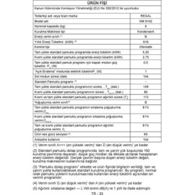 Resim Regal KM 9102 B Enerji Sınıfı 9 kg Kondenserli Kurutma Makinesi 