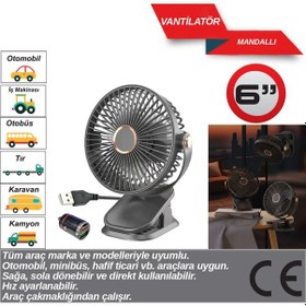 Resim Evde Ofiste Araçta Vantilatör 12-24 Volt 6 Inç Mandallı Usb Ve Çakmaklık Girişli 
