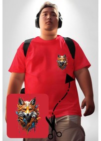 Resim Renkli Sulu Boya Kurt Yapay Zeka Tasarımı Kırmızı Büyük Beden Kadın Basic Minimal Baskılı Tişört Kırmızı 