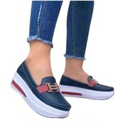 Resim Kadınlar İçin Rahat Platform Loafer'lar Günlük Düz Pu Yürüyüş Ayakkabıları Vintage Stil Ratetime Koyu Mavi 