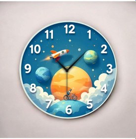 Resim Çocuk Odası Uzay Renkli Baskı Desenli Sayılı Hediyelik Ahşap Sessiz Duvar Saati 50cm ÇOk Renkli 