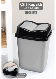 Resim Çift Kapaklı Plastik Çöp Kovası - Ev Ofis Banyo Mutfak Çöp Kovası Gri 10 Litre Gri 
