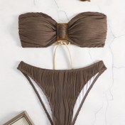 Resim Düz Çizgili Desenli 2 Parça Bikini Takımı, Tüp Üst Kare Tokalı Yüksek Kesim Mayo, Kadın Mayo Ve Giyim 