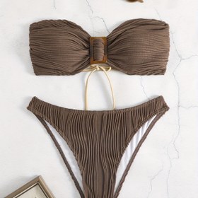 Resim Düz Çizgili Desenli 2 Parça Bikini Takımı, Tüp Üst Kare Tokalı Yüksek Kesim Mayo, Kadın Mayo Ve Giyim 