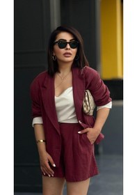 Resim Bordo %100 Ham Keten Şort Bordo 