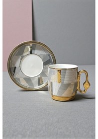 Resim 6 Kişilik Altın Yaldızlı Çizgisel Türk Kahvesi Fincanı - 90 Ml Diğer 