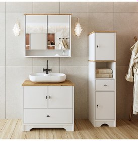 Resim Lavabolu Mdf 80 Cm Çekmeceli Banyo Dolabı + Aynalı Üst Dlp Atlantik Çam - Beyaz 