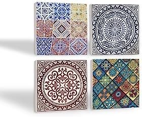 Resim Etnik Desen Taş Bardak Altlığı Seti - 4 Parça - Dekoratif, Rustik Mutfak Aksesuarı, 10x10 cm, Kaydırmaz Tabanlı, Şık ve Dayanıklı SC276 