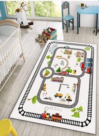 Resim Trafik Tren Çocuk Oyun Halısı Kaymaz Makinede Yıkanabilir B1 