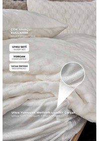 Resim Kürk Yatak Örtüsü Yorgan Uyku Seti Çift Kişilik Çarşaflı Peluş Yumuşak Dolgulu Rody 4 Parça Krem 