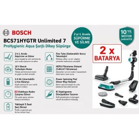 Resim Bosch Çift Batarya ile 80 Dakika Çalışma Süresi, 2'si 1 Arada Süpürme ve Silme, Hepa Filtreleme Sistemli Kablosuz Şarjlı Dikey Süpürge 