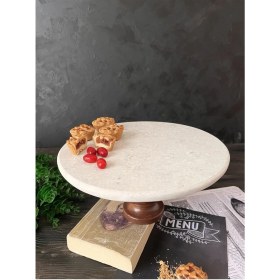 Resim Tekno Trust 27 cm Doğal Mermer Kek Pasta Standı, Mermer Sunumluk, Ahşap Ayaklı Kek Standı, Mermer Peynir Tabağı 