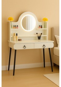 Resim Vella Modern Led Işıklı Oval Makyaj Masası Raflı Ve Çekmeceli Beyaz 