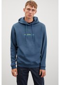 Resim Jayan Erkek Kapüşonlu Içi Polarlı Baskılı Petrol Yeşili Sweatshirt 