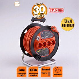 Resim Nzb Seyyar Plastik Makaralı Uzatma Kablosu 3x1.5 mm 30 Metre Termal Sigortalı 4 Prizli Cca Monofaze 