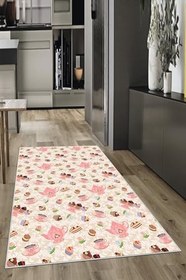 Resim Pelangi Pembe Çaydanlık Fincan Cupcake Desenli Yıkanabilir Kaymaz Taban Leke Tutmaz Modern Mutfak Halısı, Pembe 60 x 200 
