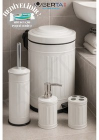 Resim Vintage Dörtlü Siyah Banyo Seti Çöp Kovası Tuvalet Fırçası Diş Fırçalık Sıvı Sabunluk Metal Beyaz 