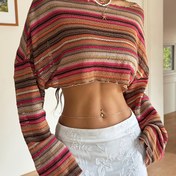 Resim Kadın İlkbahar/Yaz Oyuklu Renk Bloklu Çizgili Yarasa Kollu Kısa Uzun Kollu Üst 