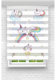 Resim Perdecizade Enxboy Gökkuşağında Kedi Dijital Baskılı Zebra Perde-cocuk Odası-stor Perde Renkli 