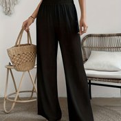 Resim Kadınlar için Şık Yüksek Bel Geniş Paça Pantolon - Elastik Bel Bandı, Makinede Yıkanabilir Polyester Karışımı, İlkbahar Yaz Sonbahar İçin Bol Kesim Düz Bacak Tasarım, Rahat Konforlu ve Nefes Alabilen Düz Renkli Pantolonlar, Yüksek Bel 