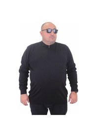 Resim Starbattal Erkek Büyük Beden Polo Yaka Fermuarlı Triko Kazak 23701 Sıyah-Sıyah Siyah 