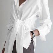 Resim Kadın Rahat Tek Renk Uzun Kollu Gömlek, %100 Polyester, Yakalı, Düğmeli Ön, Tüm Mevsim Dokuma Kumaş, 117 gsm - Çok Yönlü Yetişkin Gömlek 