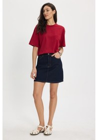 Resim Tudors Kadın Slim Fit Dar Kesim Pamuk Kısa Kollu Bisiklet Yaka Bordo Crop Tişört-50468 L 