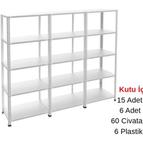 Resim RafBurada 5 Katlı 3'lü Galvaniz Çelik Raf - Depo, Arşiv, Kiler, Dosya, Market Rafı 43x60 cm-200 cm-1.00 mm 