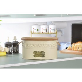 Resim Evistro Metal Ekmeklik Ahşap Kapaklı Hasır Kulplu Ekmek Kutusu Krem 