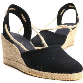 Resim Star Tombis Gerçek Elişi Topuğu Açık Bilekten Bağlamalı Bej Dolgu Topuk Keten Hasır Espadril Handmade Siyah 