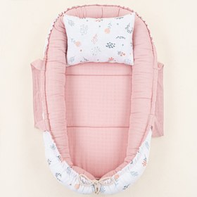 Resim Babynest ve Yastık - Çift Taraflı - Pudra Muslin - Yeşil Çiçekler 
