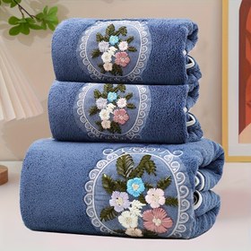 Resim 3 adet Nakışlı Çiçekli Havlu Seti, 2 Havlu ve 1 Banyo Havlusu, Yumuşak ve Emici Ev Banyo Havlusu, Banyo Havlusu, Yüz Havlusu, Yıkama Bezi, Yumuşak ve Cilt Dostu Ev Kullanımı, Banyo, Deniz Banyo Havlusu için Uygun 