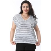 Resim Kadın Büyük Beden Lacivert V Yakalı Düşük Kollu Çizgili Bluz 65n38227-lacivert Lacivert 