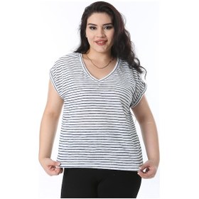 Resim Kadın Büyük Beden Lacivert V Yakalı Düşük Kollu Çizgili Bluz 65n38227-lacivert Lacivert 