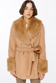 Resim Ekol Kadın Kemerli Midi Yün Manto - Yaka Detaylı, Sıcak ve Şık - Camel / 40 