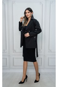 Resim Eccim Fashion Deri Yakalı Cepli Broşlu Astarlı Kısa Kadın Ceket Trençkot 