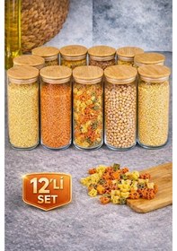 Resim 12'li Kavanoz Vakumlu Bambu Kapaklı Cam Kavanoz Baharatlık Bakliyat Gıda Saklama Kabı Organizer Şefaf 