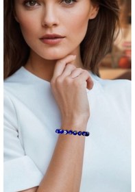 Resim Pozitif Doğal Taş Cam Nazar Boncuğu Bileklik Makrome Ayarlı 336-3 Mavi 