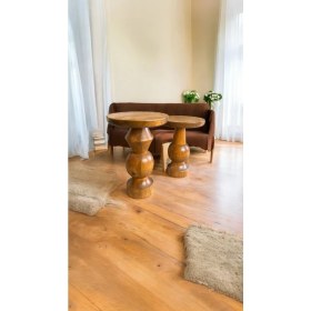Resim Wood Ahşap 2'li Set Mantar Yan Sehpa Modern Fiskos / Tik Ağacı Renk / Zigon Sehpa Vernikli 