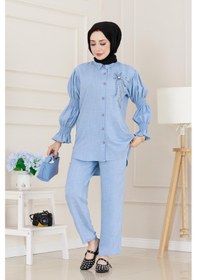 Resim Önü Taşlı Kolu Lastikli İkili Takım-bebe Mavi-5099 Bebe Mavi 