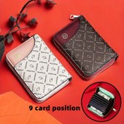 Resim Kadınlar için Vintage Esintili İnce RFID Engelleme Cüzdanı, 9 Kart Yuvası, Büyük Kapasite, Fermuarlı Şık İki Tonlu Tasarım, Kayısı ve Siyah/Beyaz Desenler, Kompakt Suni Deri Kart Tutucu, 