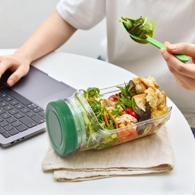 Resim 1 Adet Dikey Katmanlı Salata Kabı - Dahili Kase ve Şeffaf Kapaklı, Sağlam PC Plastik Silindirik Buzdolabı Organizatörü, Katmanlı Salatalar, Sebzeler için Çok Bölmeli Depolama, Kompakt Tasarım, Sossuz Kullanım 