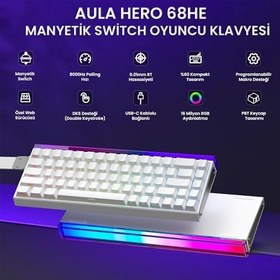 Resim Aula Hero 68 He Manyetik Klavye Rapid Trigger Meteor Switch 8000Hz RGB Neon TKL Hot Swap Oyuncu Klavyesi Beyaz 