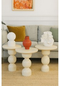 Resim Krem Renk Ahşap Mantar Sehpa Takımı 3 Lü Doğal Ve Zigon Set Ekru 